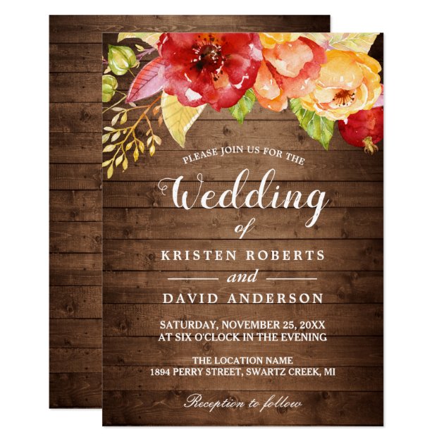 Rustic Wood Autumn Gold Red Floral Fall Wedding Invitation