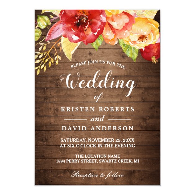 Rustic Wood Autumn Gold Red Floral Fall Wedding Invitation