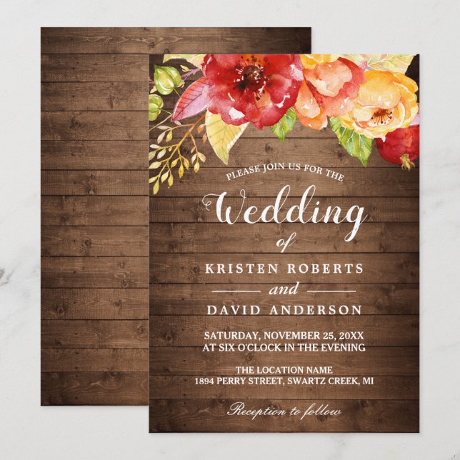 Rustic Wood Autumn Gold Red Floral Fall Wedding Invitation (Front/Back)