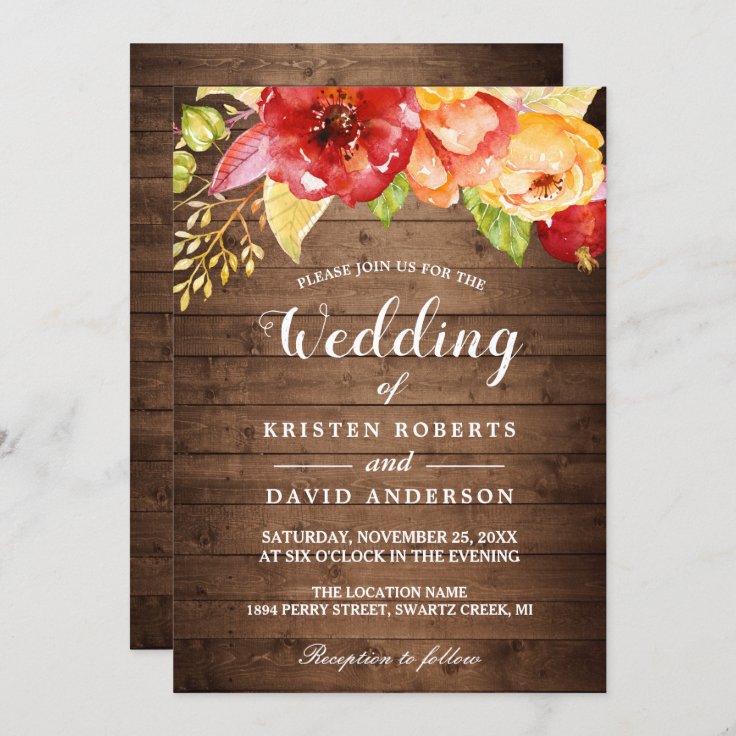 Rustic Wood Autumn Gold Red Floral Fall Wedding Invitation | Zazzle