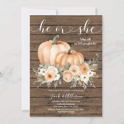 Rustic Wood Autumn He or She Pumpkin Gender Reveal Invitation