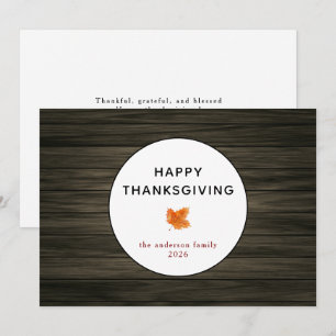 Rustic Wood Autumn Leaf Happy Thanksgiving Holiday Card