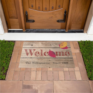 Rustic Wood Autumn Leaves Custom Name Welcome Doormat