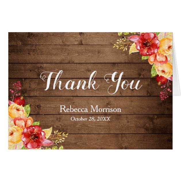 Rustic Wood Autumn Leaves Floral Thank You Card