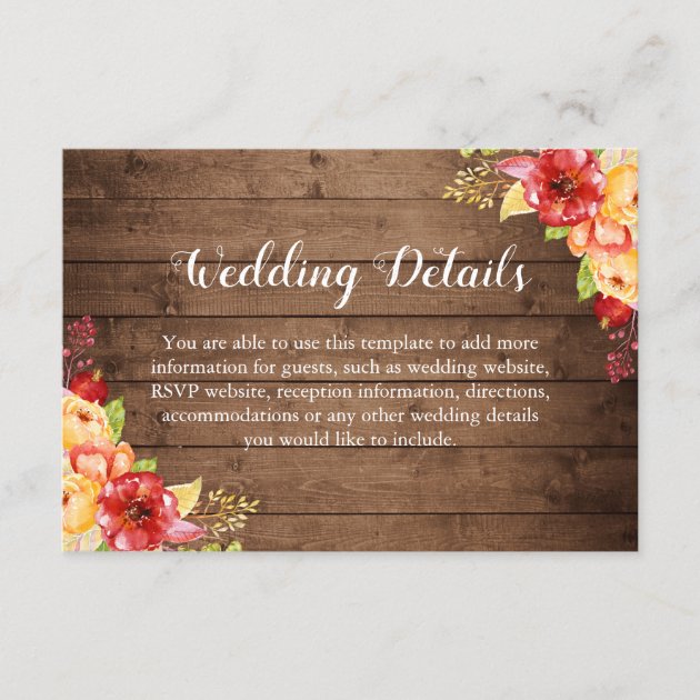 Rustic Wood Autumn Leaves Floral Wedding Details Enclosure Card