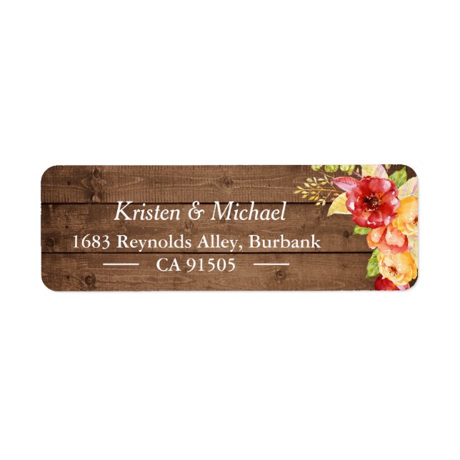 Rustic Wood Autumn Leaves Gold Red Floral Label (Front)