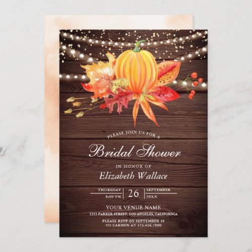 Rustic Wood Autumn Leaves Pumpkin Bridal Shower Invitation