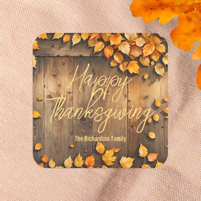 Rustic Wood Autumn Leaves Thanksgiving Favor Square Sticker (Creator Uploaded)