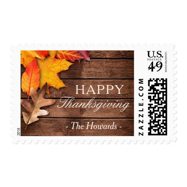 Rustic Wood Autumn Maple Leaves Happy Thanksgiving Postage