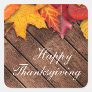 Rustic Wood Autumn Maple Leaves Happy Thanksgiving Square Sticker