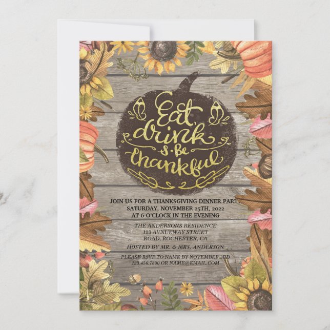 Rustic Wood Autumn Maple Thanksgiving Dinner Party Invitation (Front)