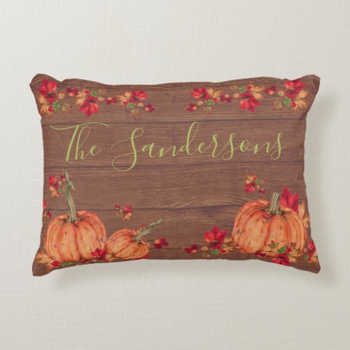 Rustic Wood Autumn Orange Pumpkins Fall Leaves  Ac Accent Pillow