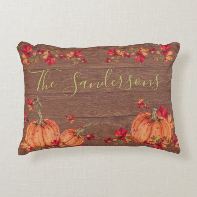 Rustic Wood Autumn Orange Pumpkins Fall Leaves  Ac Accent Pillow (Front)