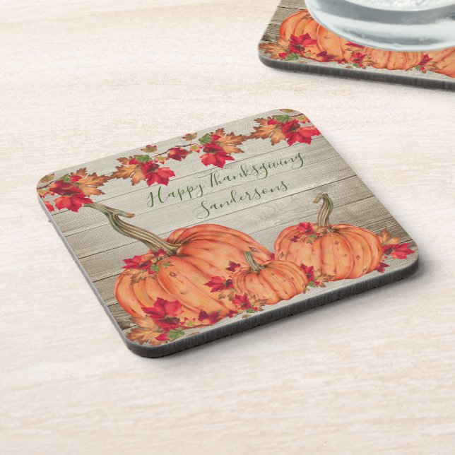 Rustic Wood Autumn Orange Pumpkins Fall Leaves  Be Beverage Coaster (Left Side)