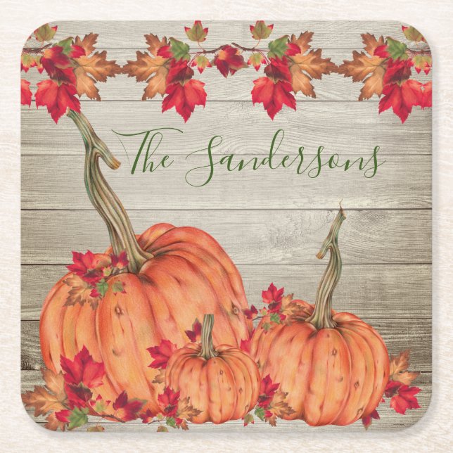 Rustic Wood Autumn Orange Pumpkins Fall Leaves  Be Square Paper Coaster (Front)