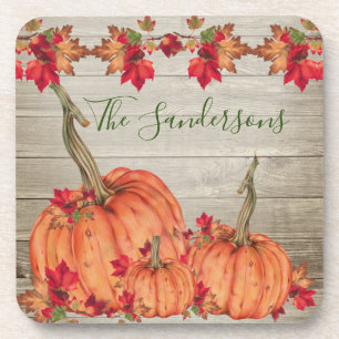 Rustic Wood Autumn Orange Pumpkins Fall Leaves Beverage Coaster