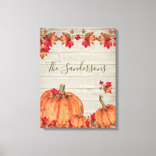 Rustic Wood Autumn Orange Pumpkins Fall Leaves Canvas Print