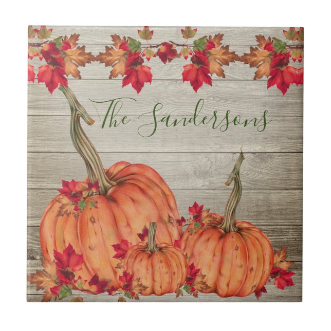 Rustic Wood Autumn Orange Pumpkins Fall Leaves   Ceramic Tile (Front)