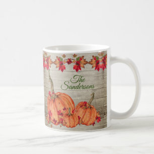 Rustic Wood Autumn Orange Pumpkins Fall Leaves Coffee Mug