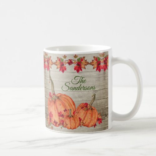 Rustic Wood Autumn Orange Pumpkins Fall Leaves  Coffee Mug