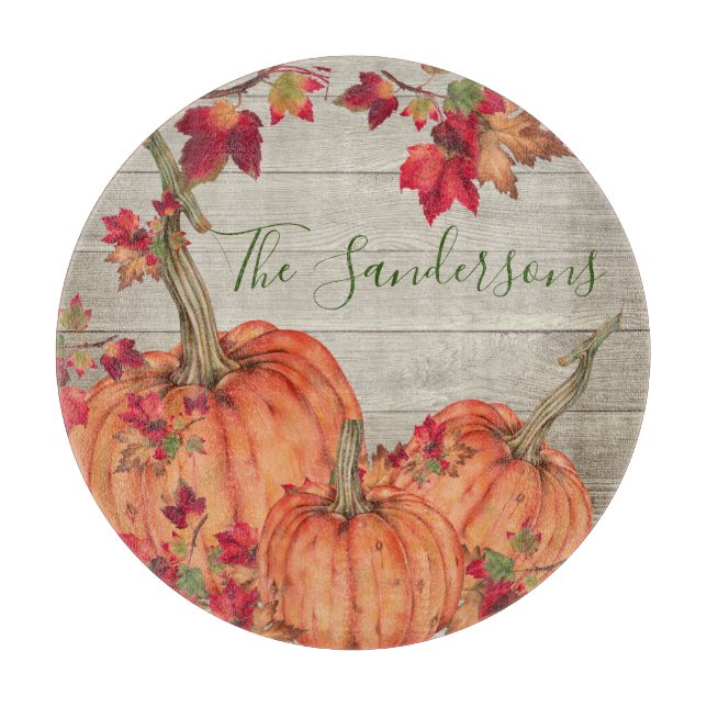 Rustic Wood Autumn Orange Pumpkins Fall Leaves   Cutting Board (Front)