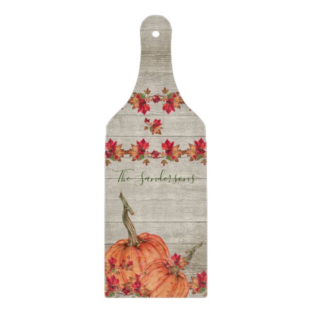 Rustic Wood Autumn Orange Pumpkins Fall Leaves Cutting Board (Front)