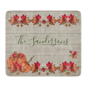 Rustic Wood Autumn Orange Pumpkins Fall Leaves Cutting Board