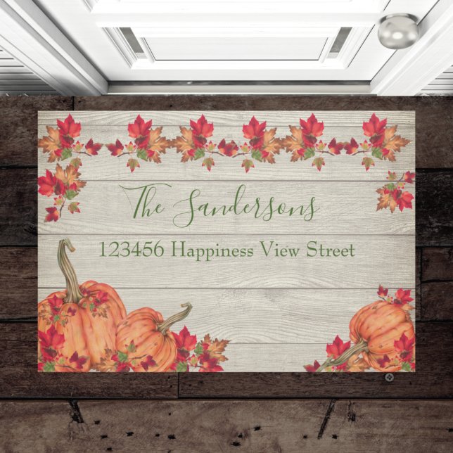 Rustic Wood Autumn Orange Pumpkins Fall Leaves   Doormat (Creator Uploaded)