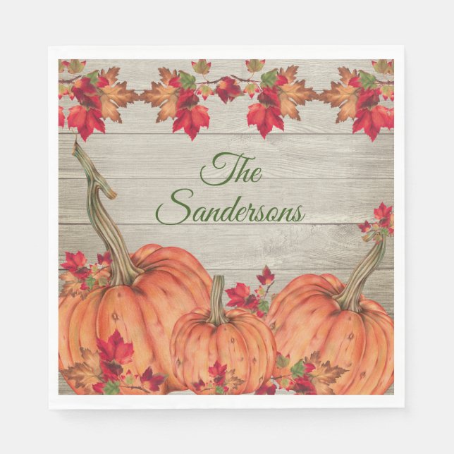 Rustic Wood Autumn Orange Pumpkins Fall Leaves   N Napkins (Front)