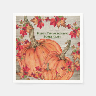 Rustic Wood Autumn Orange Pumpkins Fall Leaves Pa Napkins