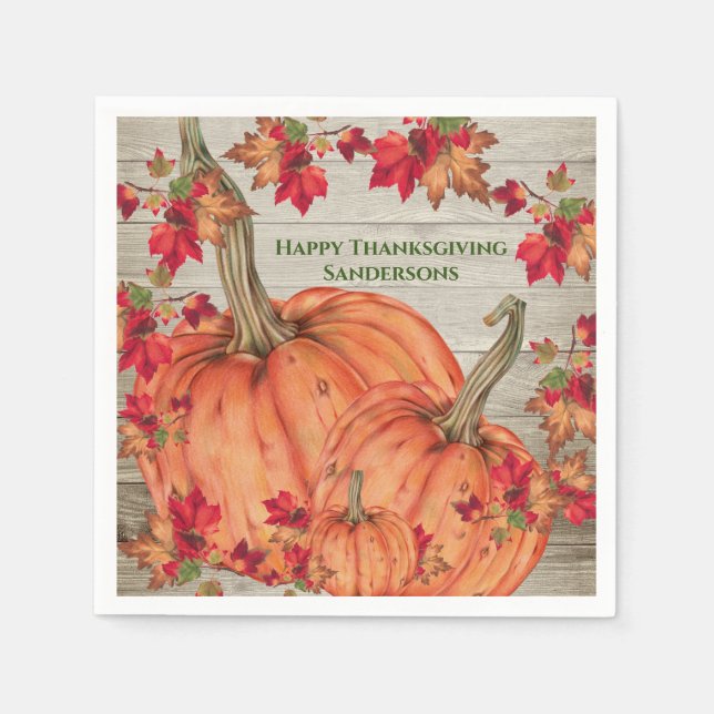 Rustic Wood Autumn Orange Pumpkins Fall Leaves  Pa Napkins (Front)