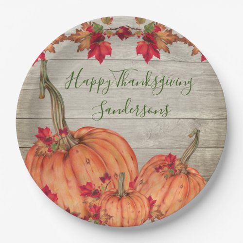 Rustic Wood Autumn Orange Pumpkins Fall Leaves Pap Paper Plates