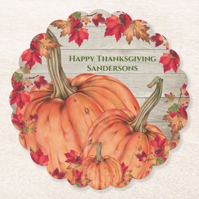 Rustic Wood Autumn Orange Pumpkins Fall Leaves   Paper Coaster (Front)