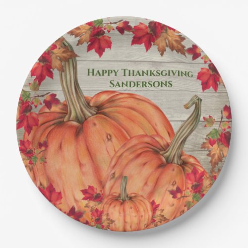 Rustic Wood Autumn Orange Pumpkins Fall Leaves  Paper Plates