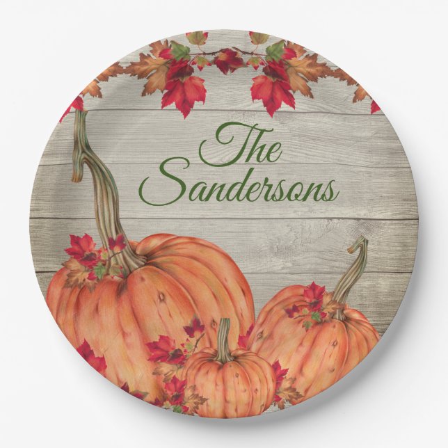 Rustic Wood Autumn Orange Pumpkins Fall Leaves  Paper Plates (Front)