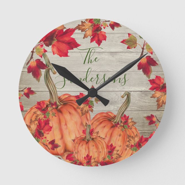 Rustic Wood Autumn Orange Pumpkins Fall Leaves Round Clock (Front)