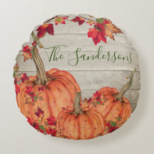 Rustic Wood Autumn Orange Pumpkins Fall Leaves Round Pillow