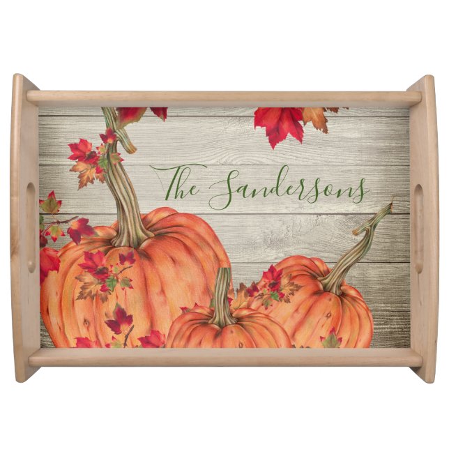 Rustic Wood Autumn Orange Pumpkins Fall Leaves Serving Tray (Front)