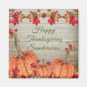 Rustic Wood Autumn Orange Pumpkins Fall Leaves Sq Magnet