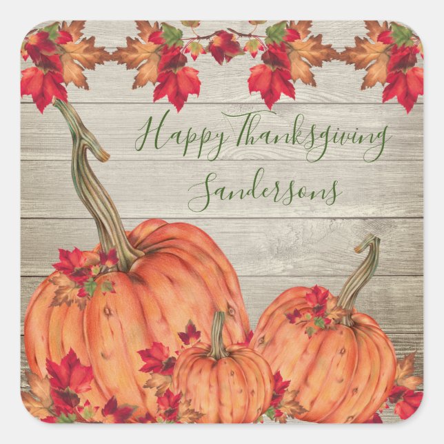 Rustic Wood Autumn Orange Pumpkins Fall Leaves  Square Sticker (Front)
