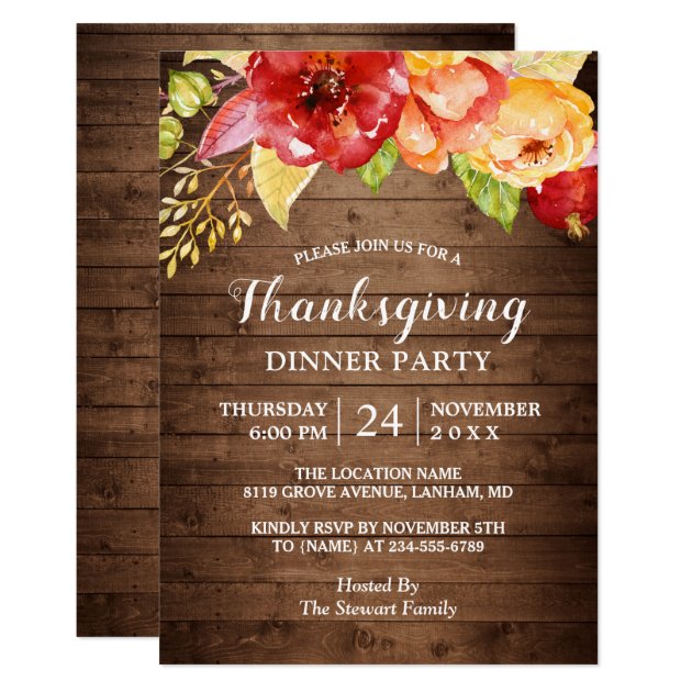 Rustic Wood Autumn Red Floral Thanksgiving Dinner Invitation