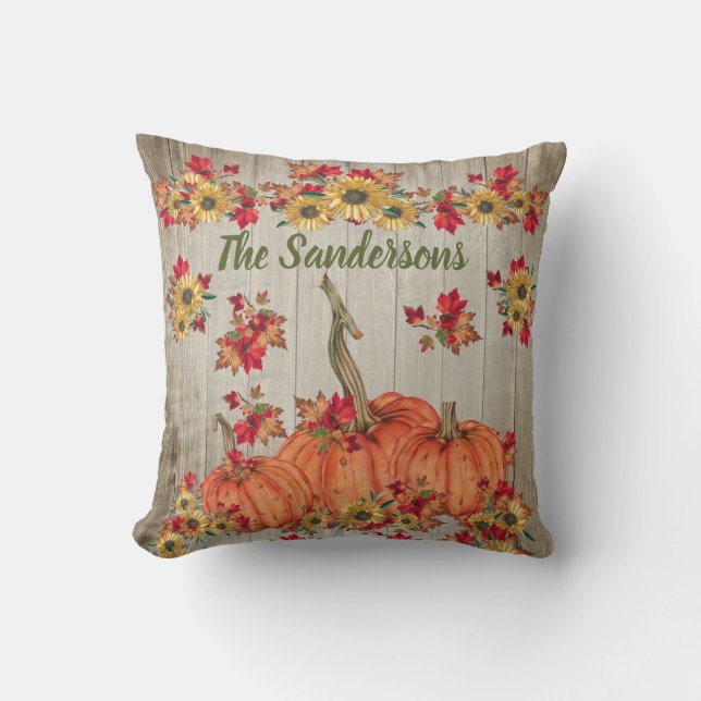 Rustic Wood Autumn Sunflower Pumpkins Fall Leaves Throw Pillow (Front)