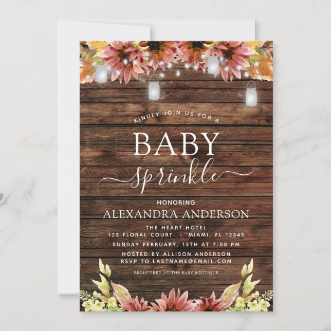 Rustic Wood Autumn Sunflowers Baby Sprinkle Shower Invitation (Front)