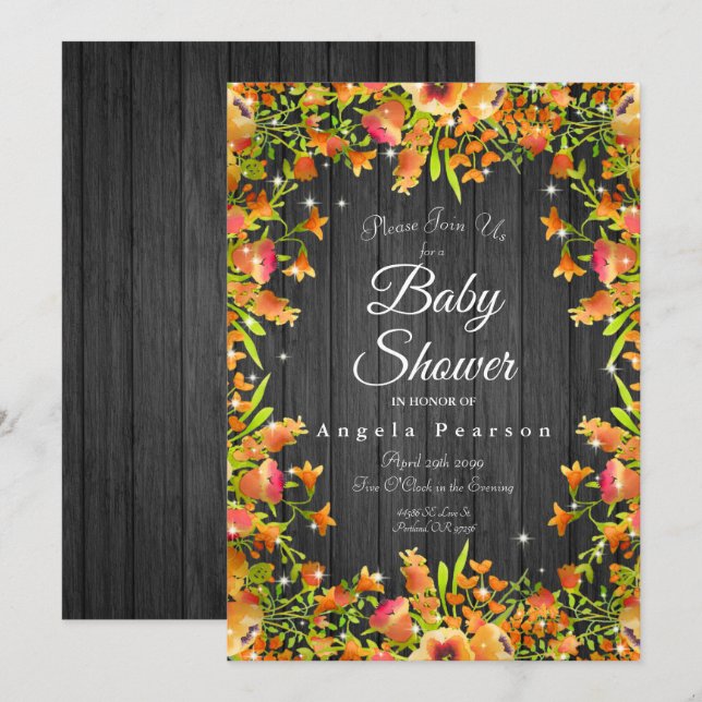 Rustic Wood Autumn Watercolor Floral Sparkles Invitation (Front/Back)