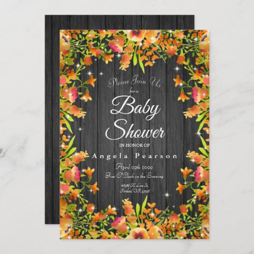 Rustic Wood Autumn Watercolor Floral Sparkles Invitation