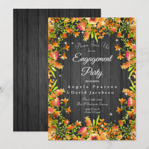 Rustic Wood Autumn Watercolor Flowers Sparkles Invitation