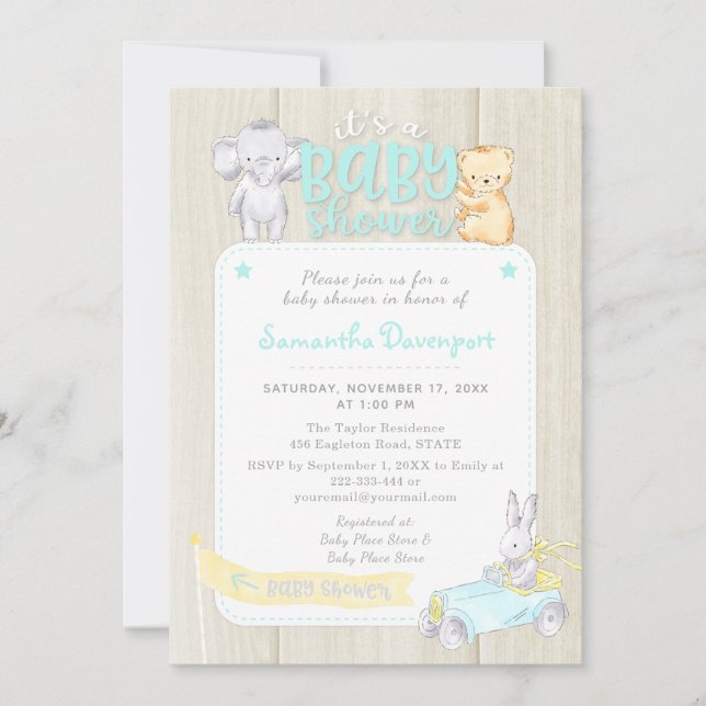Rustic Wood Baby Animals Shower Invitation | Mint (Front)
