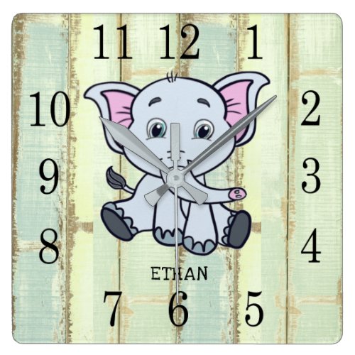 Rustic Wood Baby Elephant Personalized Nursery Square Wall Clock