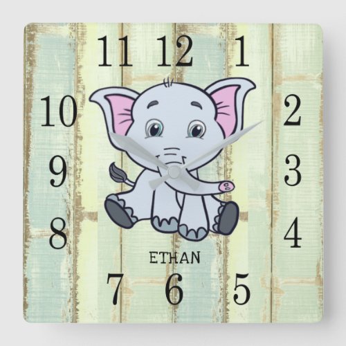 Rustic Wood Baby Elephant Personalized Nursery Square Wall Clock