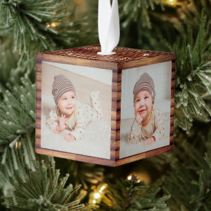 Rustic Wood baby first Christmas Four Photo Cube Ornament